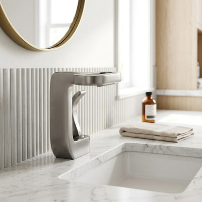 Lagomel waterfall single-hole bathroom faucet, set in a Modern/Minimalist bathroom