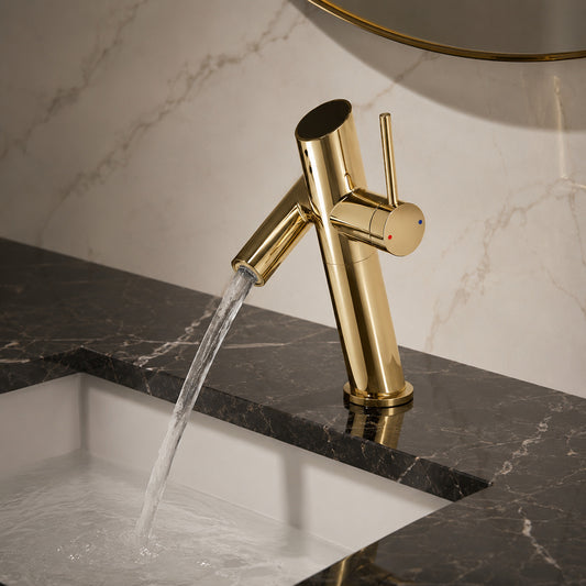 Lagomel single-hole bathroom faucet in polished gold, brushed gold, rose gold, matte black, chrome, gunmetal, matte, set in a Modern/Contemporary bathroom
