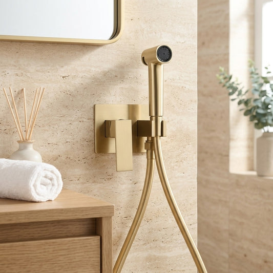 Lagomel wall-mounted bidet faucet in brushed gold, gunmetal, matte black, matte white, chrome, set in a Contemporary bathroom