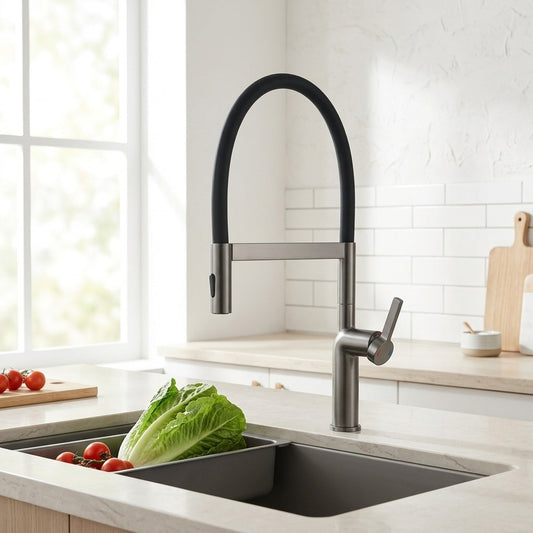 Lagomel single-handle pull-down kitchen faucet in gunmetal, brushed nickel, painted / powder coated, set in a Modern/Contemporary kitchen