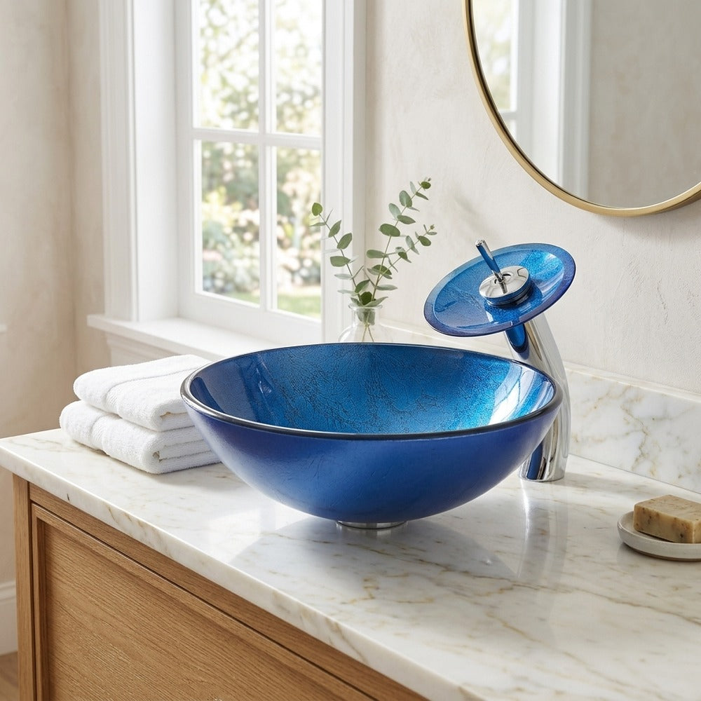 Lagomel waterfall single-handle faucet and sink set in two-tone / mixed finish, set in a Contemporary bathroom