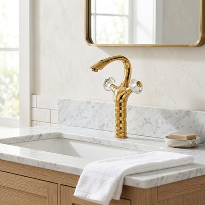 Lagomel single-hole bathroom faucet in polished gold, set in a Traditional/Classic/Vintage/Retro bathroom