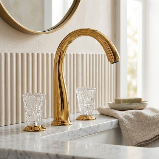 Lagomel widespread bathroom faucet in polished gold, set in a Modern/Contemporary bathroom