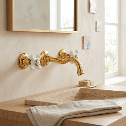 Lagomel wall-mount bathroom faucet in polished gold, chrome, set in a Vintage/Retro/Traditional/Classic bathroom