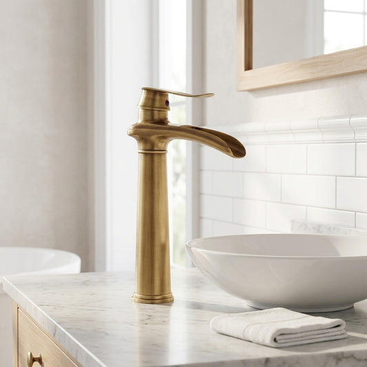 Lagomel vessel sink waterfall faucet and drain set in antique brass, oil-rubbed bronze, brushed nickel, chrome, set in a Farmhouse/Traditional/Classic bathroom