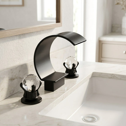 Lagomel waterfall widespread bathroom faucet in matte black, brushed gold, brushed nickel, chrome, set in a Modern/Contemporary bathroom