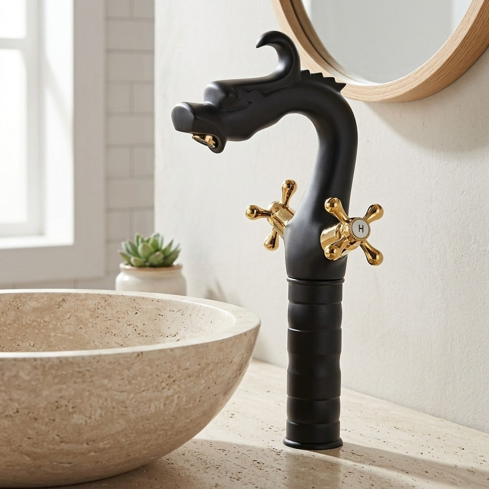 Lagomel single-hole vessel sink faucet in two-tone / mixed finish, set in a Vintage/Retro bathroom