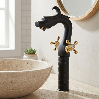 Lagomel single-hole vessel sink faucet in two-tone / mixed finish, set in a Vintage/Retro bathroom