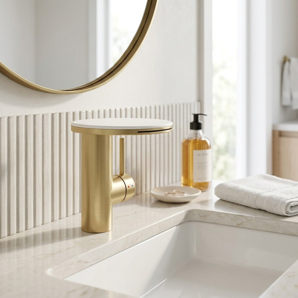 Lagomel waterfall single-hole bathroom faucet, set in a Modern/Minimalist bathroom