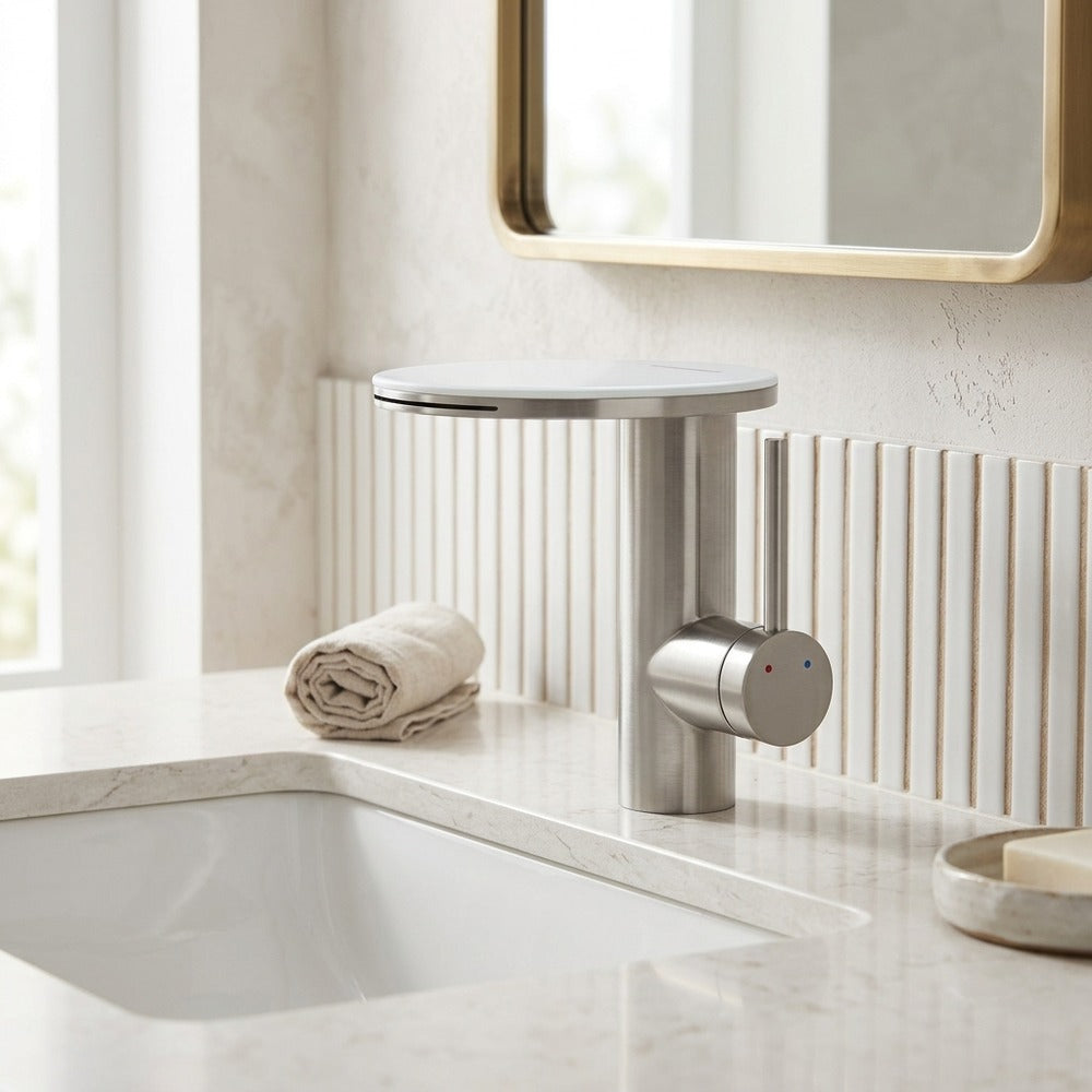 Lagomel waterfall single-hole bathroom faucet, set in a Modern/Minimalist bathroom