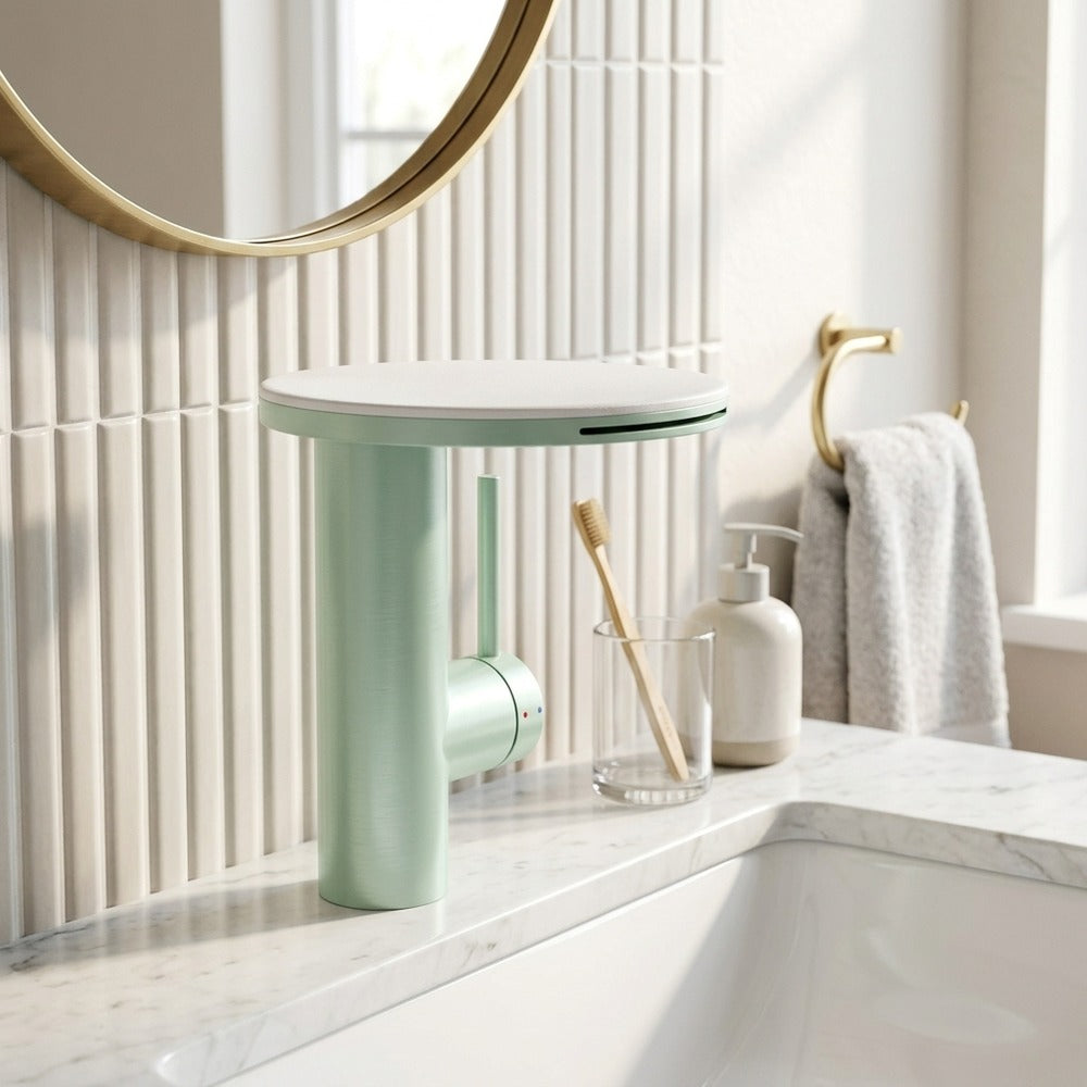 Lagomel waterfall single-hole bathroom faucet, set in a Modern/Minimalist bathroom
