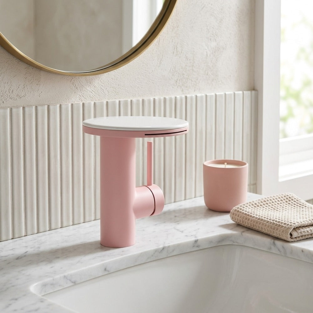 Lagomel waterfall single-hole bathroom faucet, set in a Modern/Minimalist bathroom
