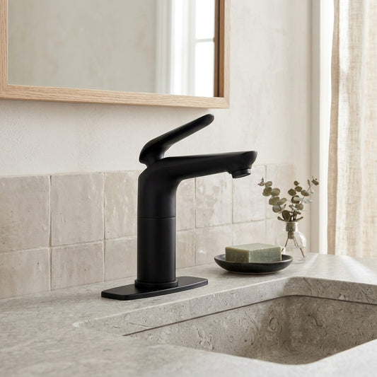 Lagomel single-hole bathroom faucet in matte black, set in a Modern/Contemporary bathroom