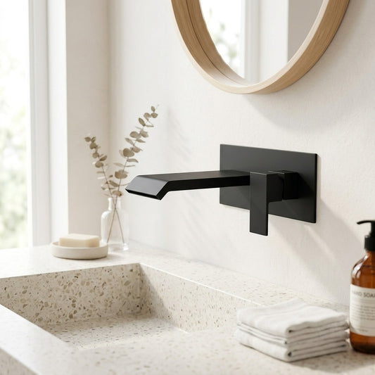 Lagomel waterfall single-handle wall-mount bathroom faucet in matte black, brushed nickel, gunmetal, set in a Modern/Contemporary bathroom