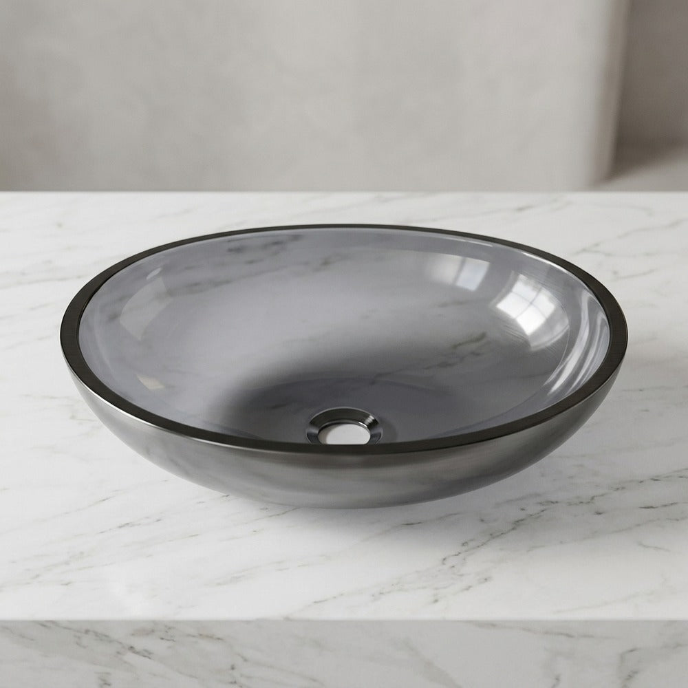 Modern Oval Tempered Glass Bathroom Vessel Sink, Faucet Combo, Above-Counter Basin with Brushed Gold Water Drop Faucet, Gray / Blue
