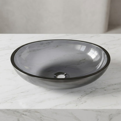 Modern Oval Tempered Glass Bathroom Vessel Sink, Faucet Combo, Above-Counter Basin with Brushed Gold Water Drop Faucet, Gray / Blue