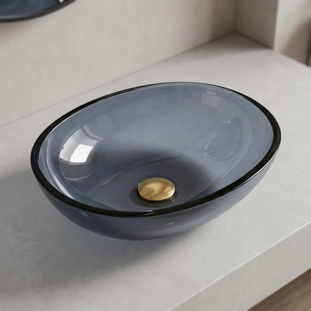 Modern Oval Tempered Glass Bathroom Vessel Sink, Faucet Combo, Above-Counter Basin with Brushed Gold Water Drop Faucet, Gray / Blue