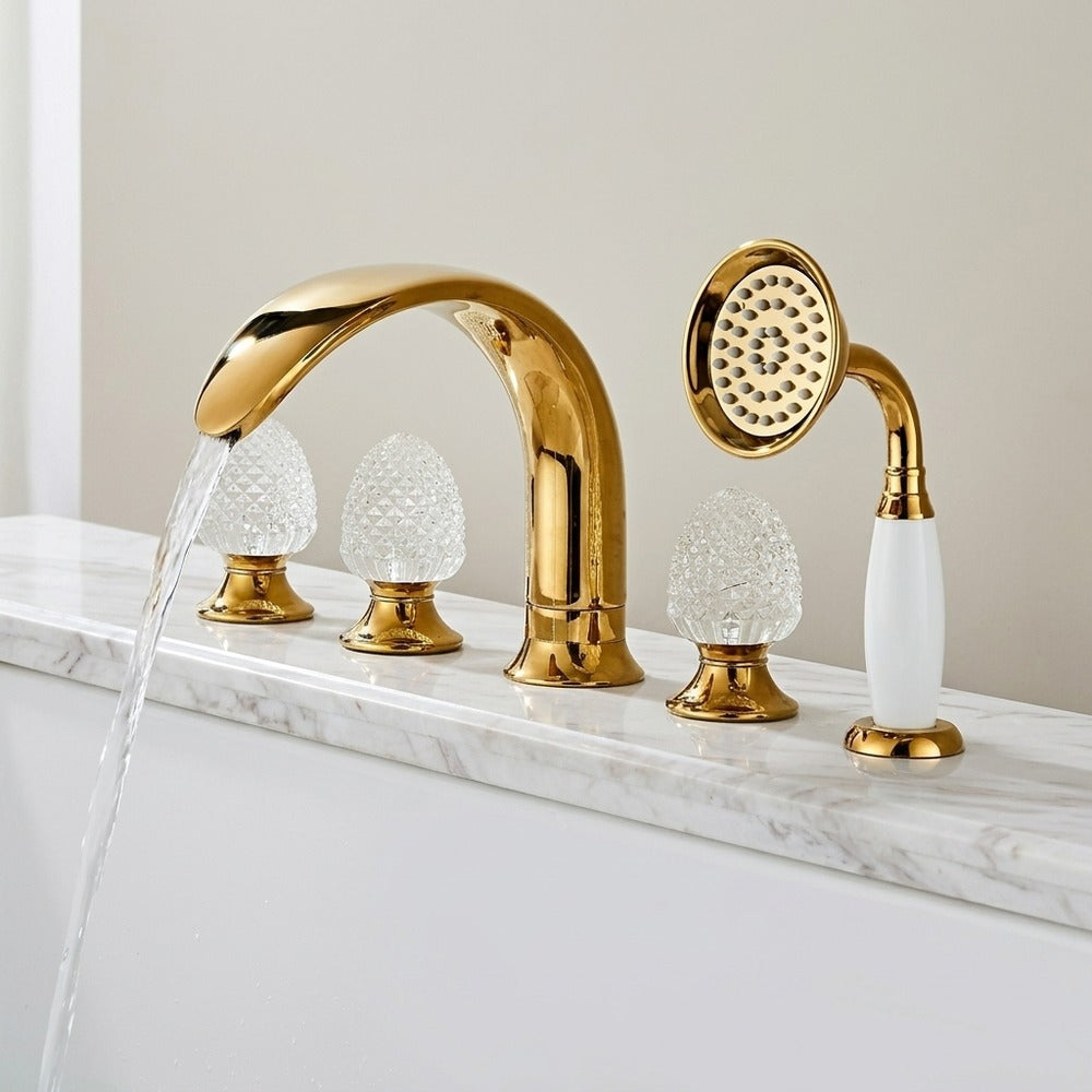 Lagomel deck-mount tub filler in polished gold, set in a Vintage/Retro bathroom