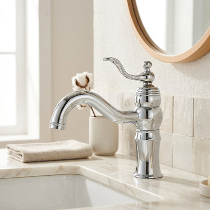 Lagomel single-hole bathroom faucet in chrome, polished gold, antique brass, two-tone / mixed finish, set in a Traditional/Classic bathroom
