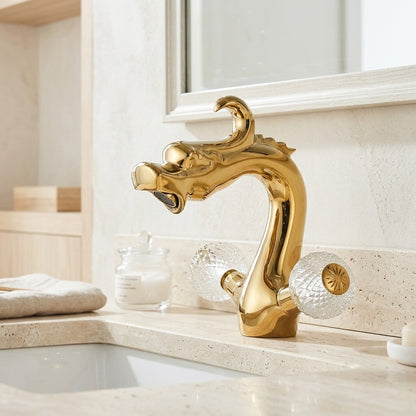 Lagomel single-hole bathroom faucet in polished gold, set in a Traditional/Classic/Vintage/Retro bathroom