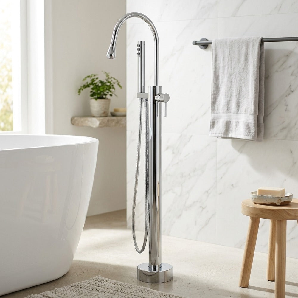 Lagomel single-handle freestanding tub filler in chrome, matte black, set in a Modern/Minimalist bathroom