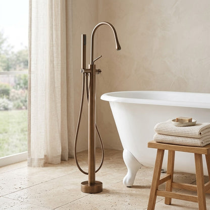 Lagomel single-handle freestanding tub filler, set in a Modern/Contemporary bathroom