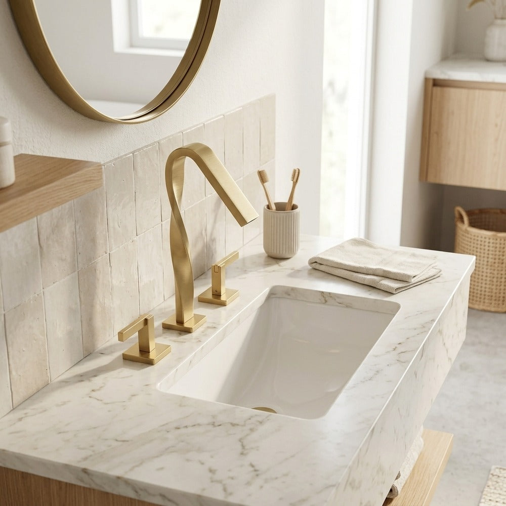 Lagomel waterfall widespread bathroom faucet in matte black, brushed gold, chrome, polished gold, set in a Modern/Contemporary bathroom