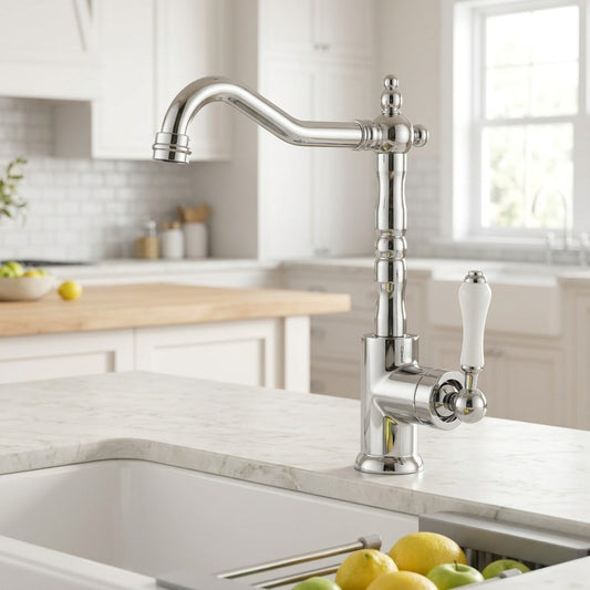Lagomel single-handle kitchen faucet in chrome, antique brass, polished gold, matte black, set in a Traditional/Classic/Vintage/Retro kitchen