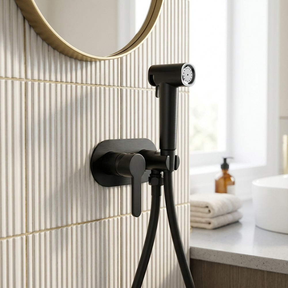 Lagomel wall-mounted single-handle bidet faucet, set in a Contemporary bathroom