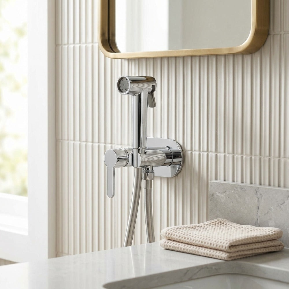 Lagomel wall-mounted single-handle bidet faucet, set in a Contemporary bathroom