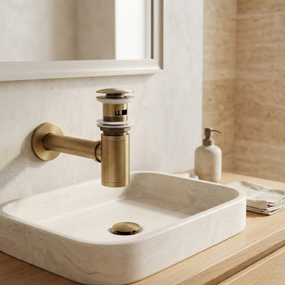 Lagomel wall-mounted p-trap in antique brass, brushed brass, chrome, matte black, polished gold, set in a Contemporary bathroom