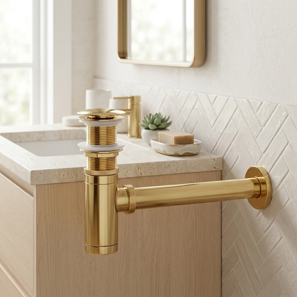 Lagomel wall-mounted p-trap, set in a Contemporary bathroom