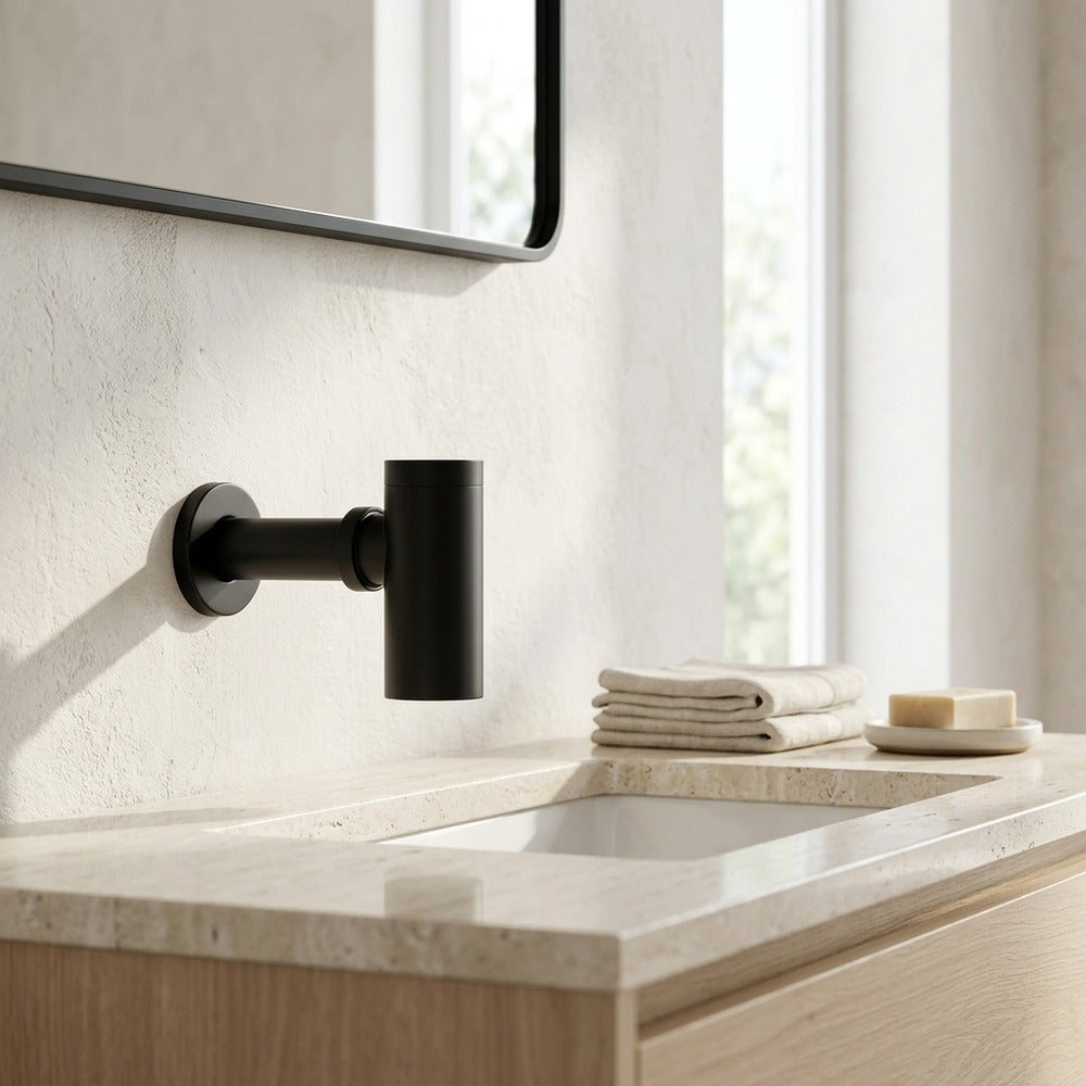 Lagomel wall-mounted p-trap, set in a Contemporary bathroom