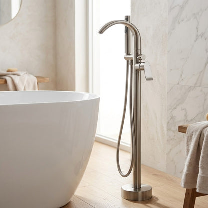 Lagomel single-handle freestanding tub filler in brushed nickel, set in a Modern/Contemporary/Minimalist bathroom