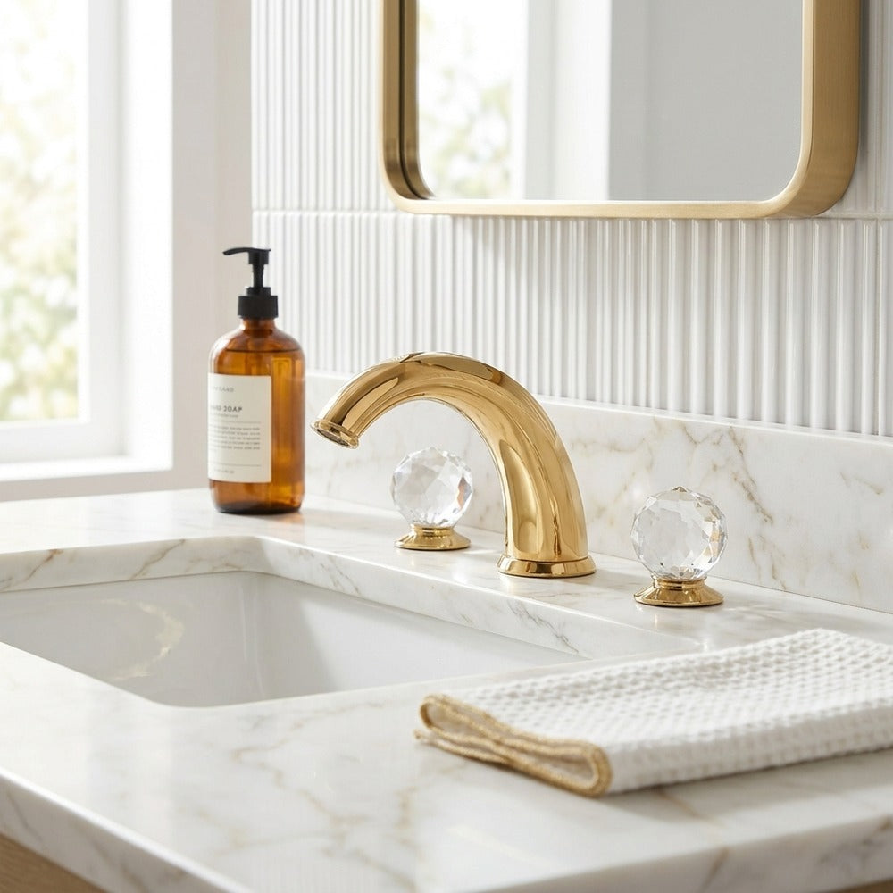 Lagomel widespread bathroom faucet in polished gold, electroplated, set in a Modern/Contemporary bathroom