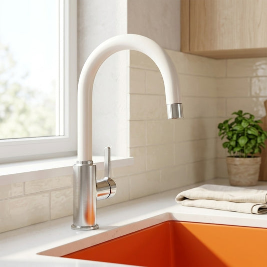 Lagomel single-handle pull-down kitchen faucet in brushed nickel, matte black, matte white, painted / powder coated,, set in a Modern/Contemporary kitchen