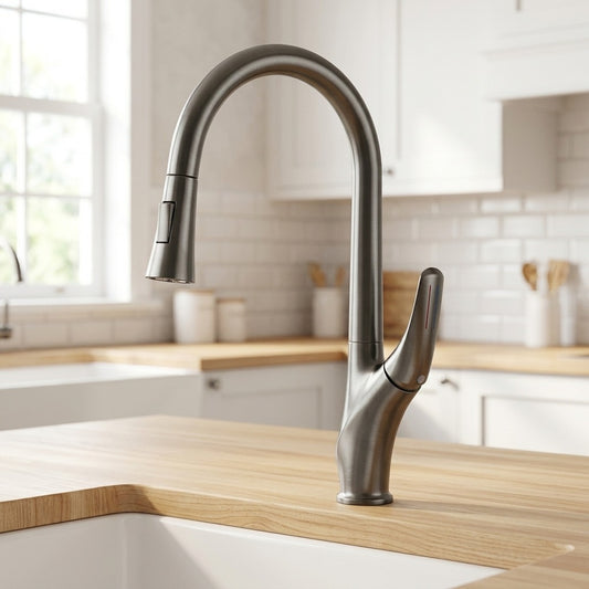 Lagomel single-hole single-handle pull-down kitchen faucet in gunmetal, chrome, matte black, matte white, rose gold, brushed, set in a Modern/Contemporary kitchen