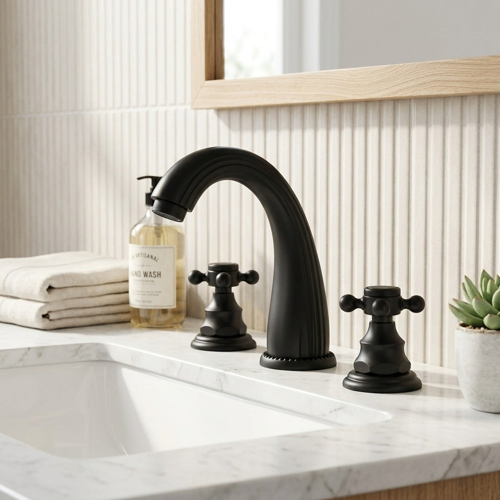 Lagomel widespread bathroom faucet in matte black, brushed gold, antique brass, set in a Contemporary/Traditional/Classic bathroom