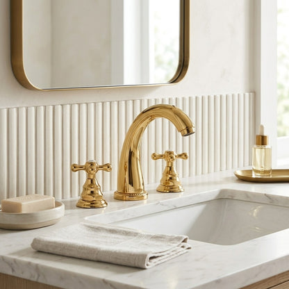 Lagomel widespread bathroom faucet, set in a Modern/Contemporary bathroom