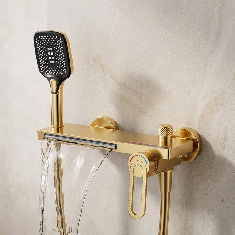 Lagomel waterfall single-handle wall-mount tub filler in brushed gold, chrome, gunmetal, matte black, matte white, polished, set in a Modern/Minimalist bathroom