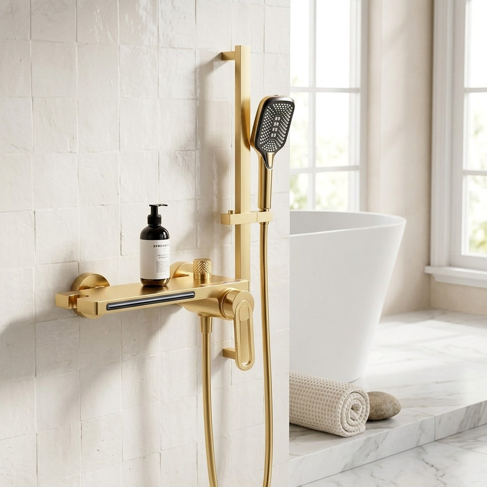 Lagomel waterfall single-handle wall-mount tub filler, set in a Modern/Minimalist bathroom