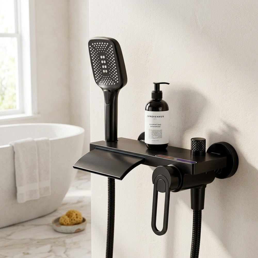 Lagomel waterfall single-handle wall-mount tub filler, set in a Modern/Minimalist bathroom