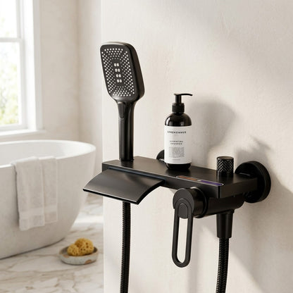 Lagomel waterfall single-handle wall-mount tub filler, set in a Modern/Minimalist bathroom