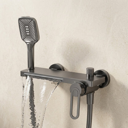 Lagomel waterfall single-handle wall-mount tub filler, set in a Modern/Minimalist bathroom
