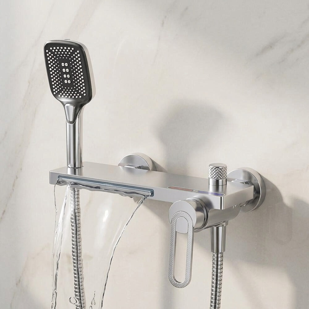 Lagomel waterfall single-handle wall-mount tub filler, set in a Modern/Minimalist bathroom