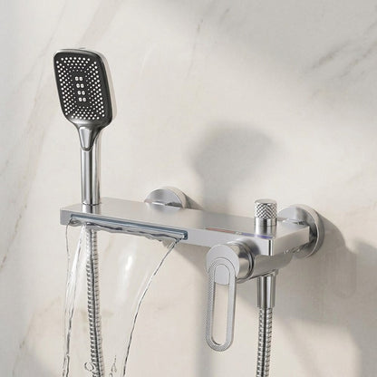 Lagomel waterfall single-handle wall-mount tub filler, set in a Modern/Minimalist bathroom