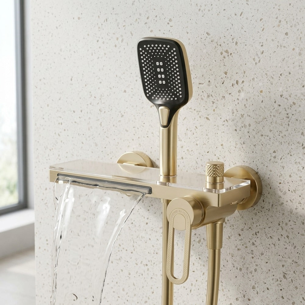 Lagomel waterfall single-handle wall-mount tub filler, set in a Modern/Minimalist bathroom