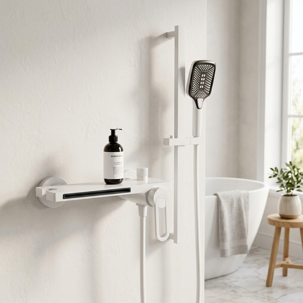 Lagomel waterfall single-handle wall-mount tub filler, set in a Modern/Minimalist bathroom
