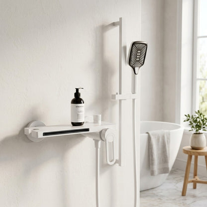 Lagomel waterfall single-handle wall-mount tub filler, set in a Modern/Minimalist bathroom