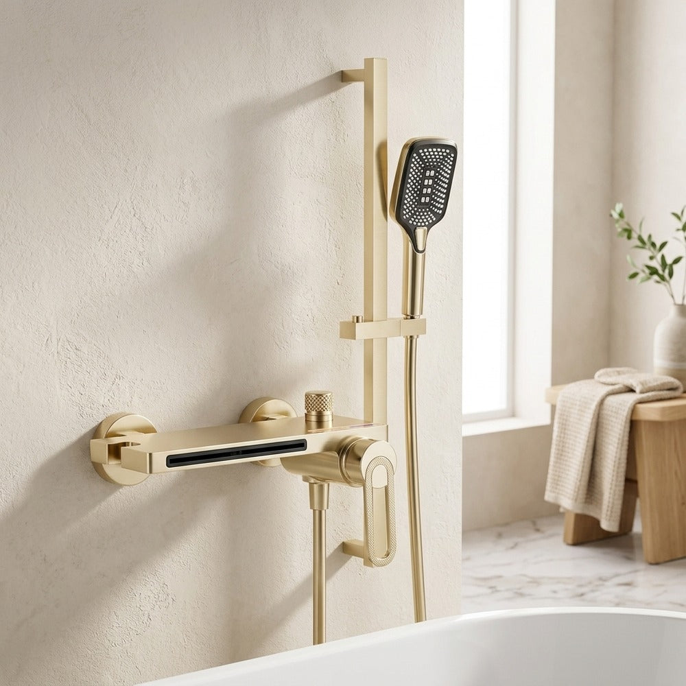 Lagomel waterfall single-handle wall-mount tub filler, set in a Modern/Minimalist bathroom